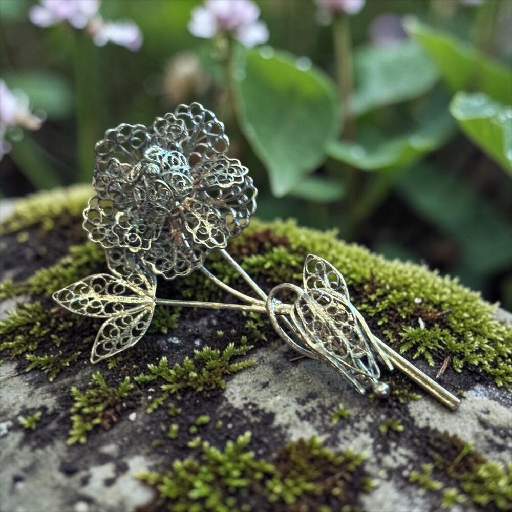 Vintage Filigree Flower Brooch Delicate Rose Romantic Victorian Revival Sterling